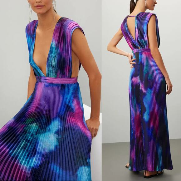 L'idee Gala Plisse Maxi Dress Gown Blue Purple Multicolor Size US 4 AU 8 - Picture 1 of 10